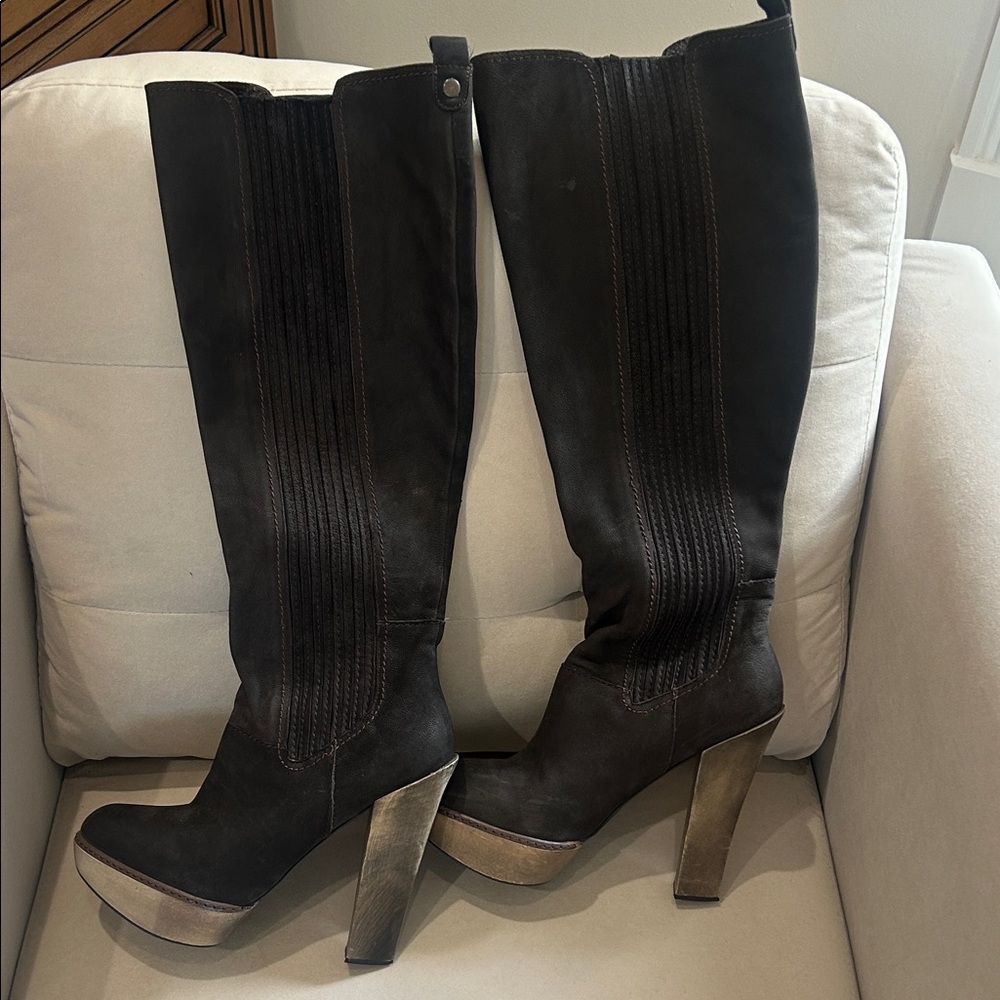 Joe’s Elegant Black and Brown Knee-High Women's Boots 5 3/4” heel w/ 1 1/2”platf